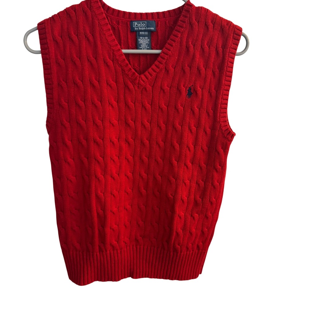 Polo Ralph Lauren Vest Boys M (10/12) Red Cable Knit Sweater V Neck‎ Logo